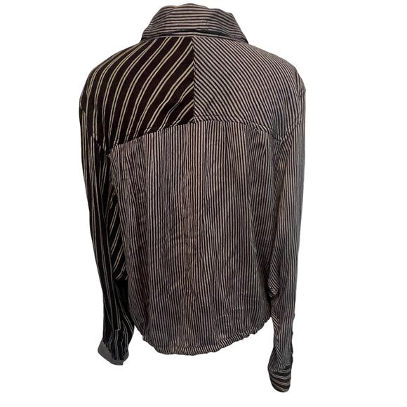Free People Mixed Stripe Button Top Womens Small Black & Grau Tie Hem Patchwork - Picture 4 of 8